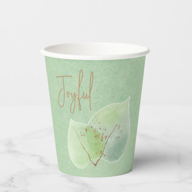  Watercolor Botanical Gold Glitter Green Joyful Paper Cups (Front)