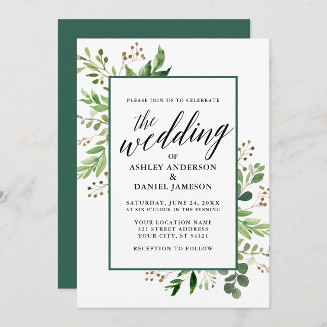 Watercolor Botanical Green Framed Wedding Invitation (Front/Back)