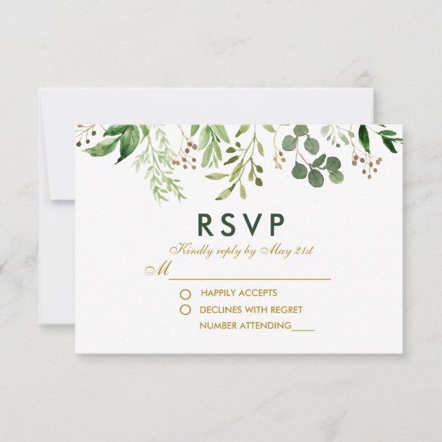 Watercolor Botanical Green Gold RSVP Wedding Card (Front)