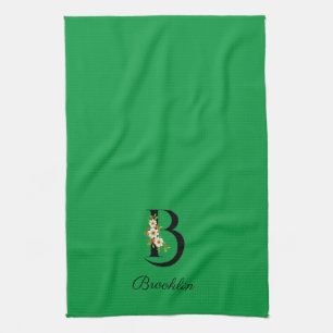 Watercolor botanical green initial monogram kitchen towel