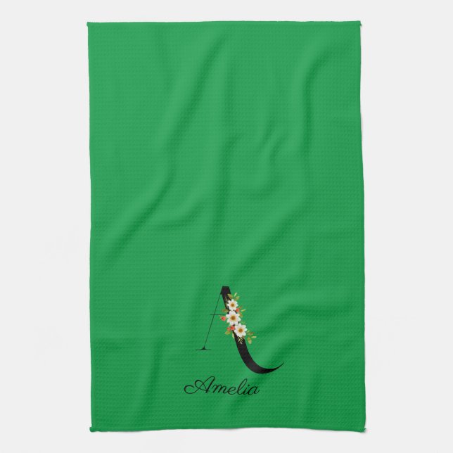 Watercolor botanical green initial monogram kitchen towel (Vertical)
