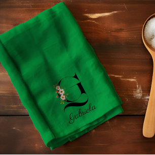 Watercolor botanical green initial monogram kitchen towel