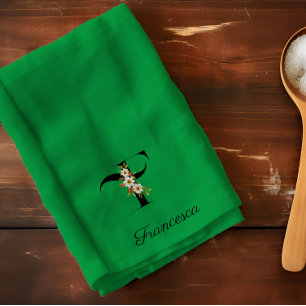 Watercolor botanical green initial monogram kitchen towel