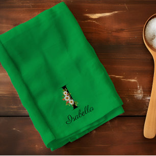 Watercolor botanical green initial monogram kitchen towel