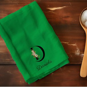 Watercolor botanical green initial monogram kitchen towel