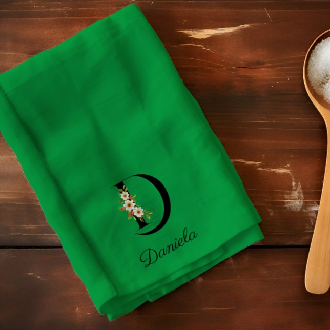 Watercolor botanical green initial monogram kitchen towel (Creator Uploaded)