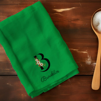 Watercolor botanical green initial monogram kitchen towel