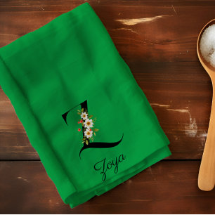 Watercolor botanical green initial monogram kitchen towel