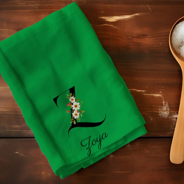 Watercolor botanical green initial monogram kitchen towel (Creator Uploaded)