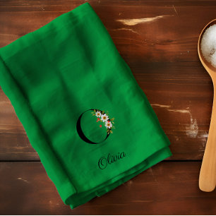Watercolor botanical green initial monogram kitchen towel