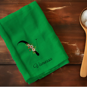 Watercolor botanical green initial monogram kitchen towel