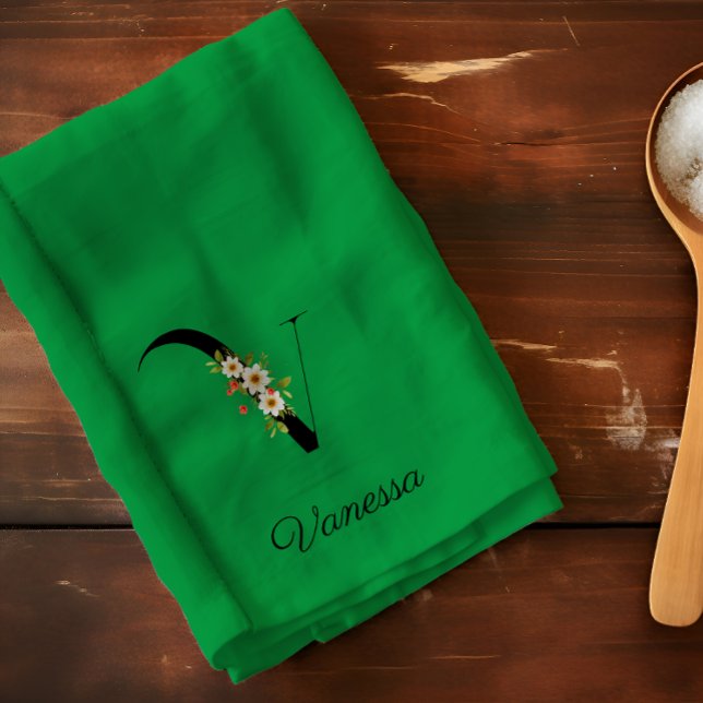 Watercolor botanical green initial monogram kitchen towel (Creator Uploaded)