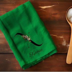 Watercolor botanical green initial monogram kitchen towel