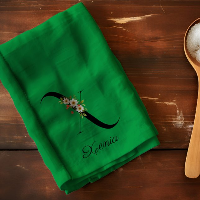 Watercolor botanical green initial monogram kitchen towel (Creator Uploaded)