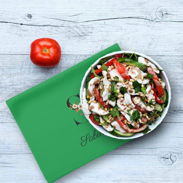 Watercolor botanical green initial monogram kitchen towel (Creator Uploaded)