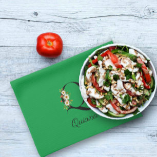 Watercolor botanical green initial monogram kitchen towel