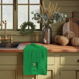 Watercolor botanical green initial monogram kitchen towel