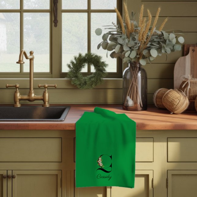 Watercolor botanical green initial monogram kitchen towel (Creator Uploaded)
