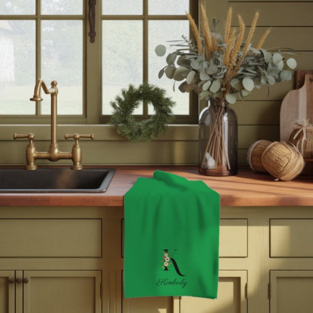 Watercolor botanical green initial monogram kitchen towel (Creator Uploaded)