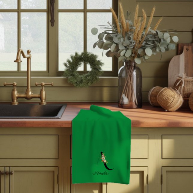 Watercolor botanical green initial monogram kitchen towel (Creator Uploaded)