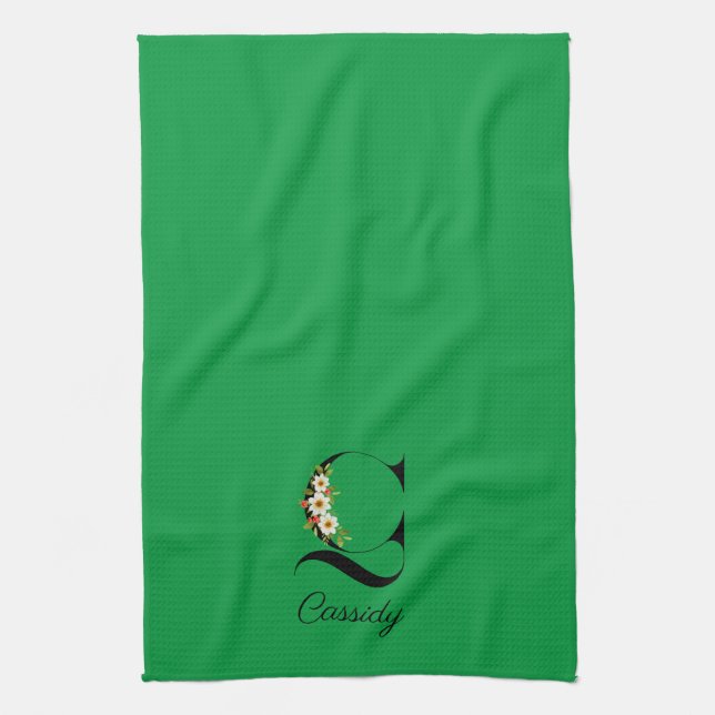 Watercolor botanical green initial monogram kitchen towel (Vertical)