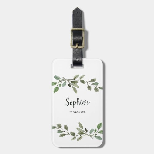 Watercolor Botanical Green Leaves and Script Luggage Tag