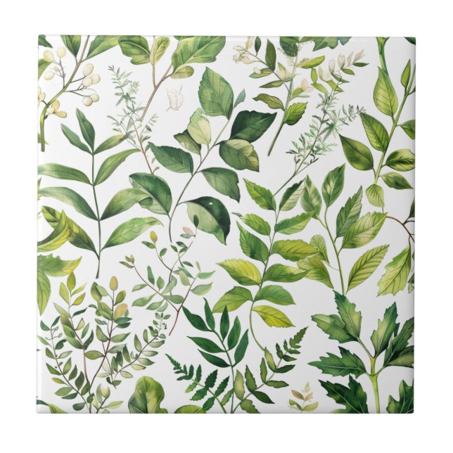 Watercolor Botanical Green leaves  Ceramic Tile (Front)