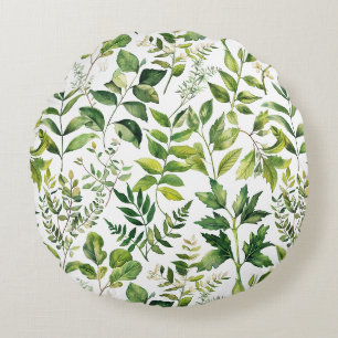 Watercolor Botanical Green leaves Round Pillow
