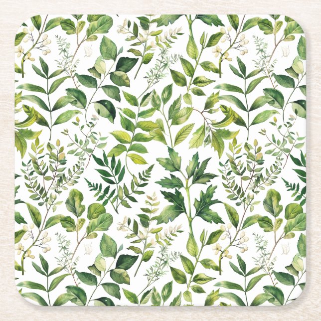 Watercolor Botanical Green leaves  Square Paper Coaster (Front)