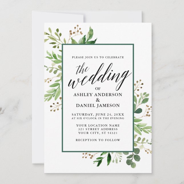 Watercolor Botanical Green Wedding Framed Invitation (Front)