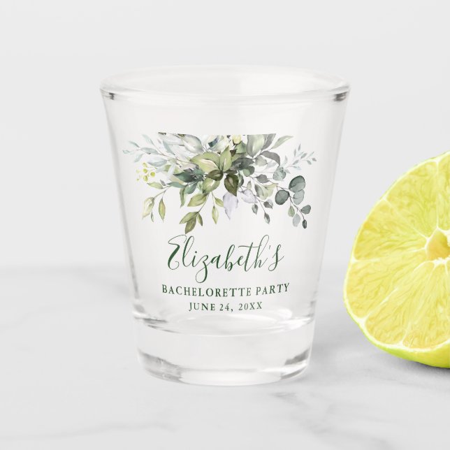 Watercolor Botanical Greenery Bachelorette Party Shot Glass (Front)