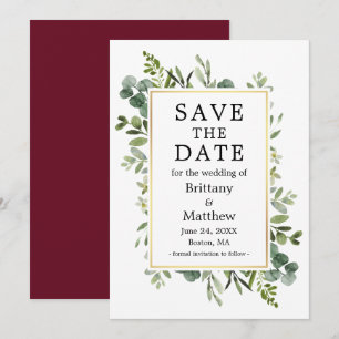 Watercolor Botanical Greenery Burgundy Eucalyptus Save The Date