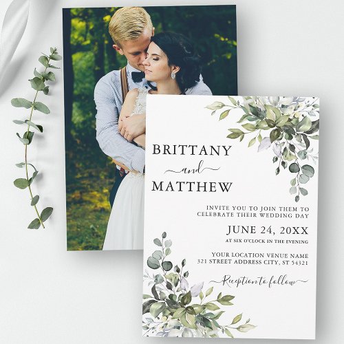 Watercolor Botanical Greenery Couple Photo Wedding Invitation