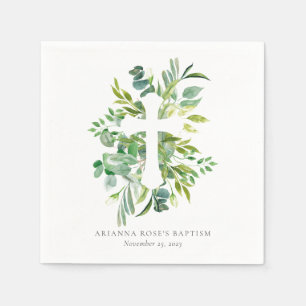 Watercolor Botanical Greenery Cross Baptism Napkins