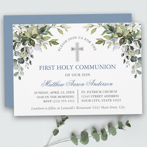 Watercolor Botanical Greenery Dusty Blue Communion