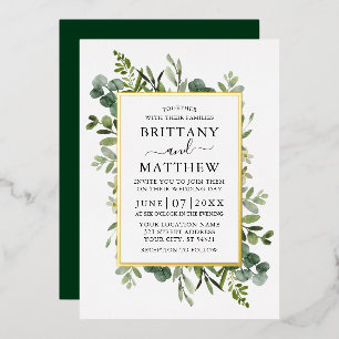 Watercolor Botanical Greenery Emerald Green Gold Foil Invitation