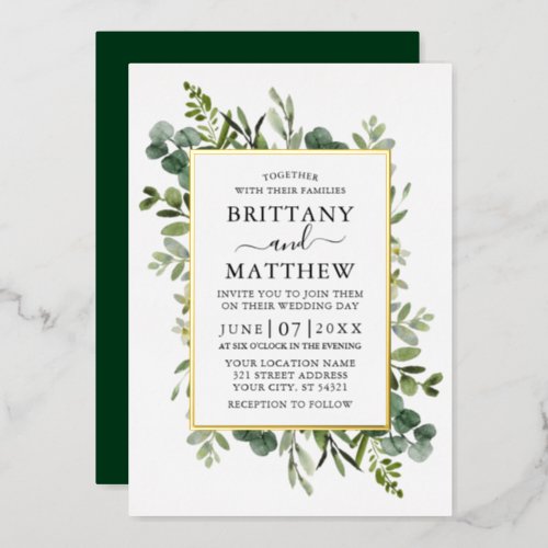 Watercolor Botanical Greenery Emerald Green Gold Foil Invitation