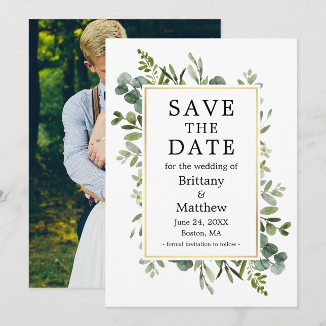 Watercolor Botanical Greenery Eucalyptus Photo Save The Date (Front/Back)