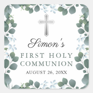 Watercolor Botanical Greenery First Holy Communion Square Sticker