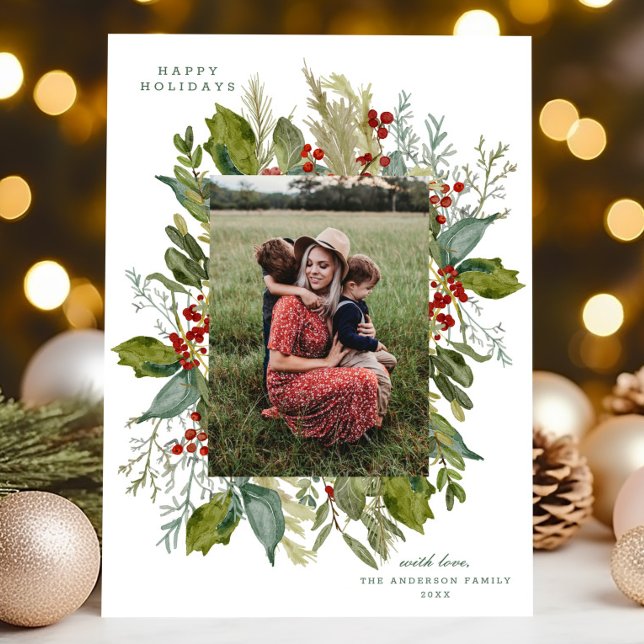 Watercolor Botanical Greenery Frame THREE Photo Holiday Card (Creator Uploaded)