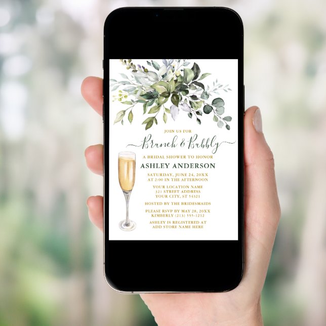 Watercolor Botanical Greenery Gold Brunch Bubbly Invitation (Front Digital)
