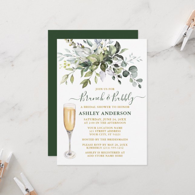 Watercolor Botanical Greenery Gold Brunch Bubbly Invitation (Front/Back In Situ)