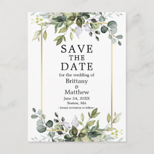 Watercolor Botanical Greenery Gold Save The Date Postcard