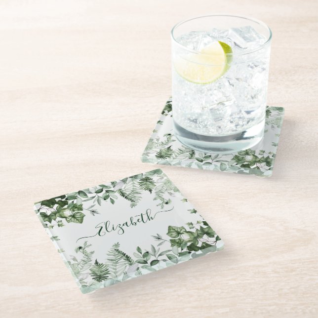 Watercolor Botanical Greenery Ivy Ferns Sage Glass Coaster (Angled)