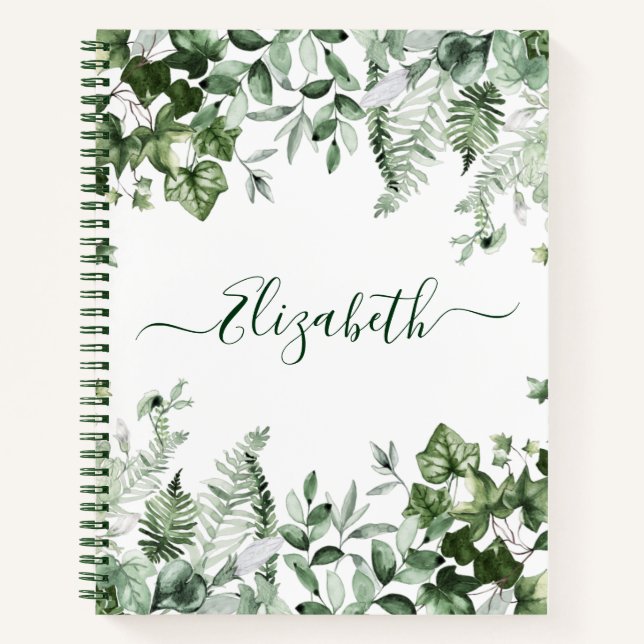 Watercolor Botanical Greenery Ivy Ferns Sage Notebook (Front)
