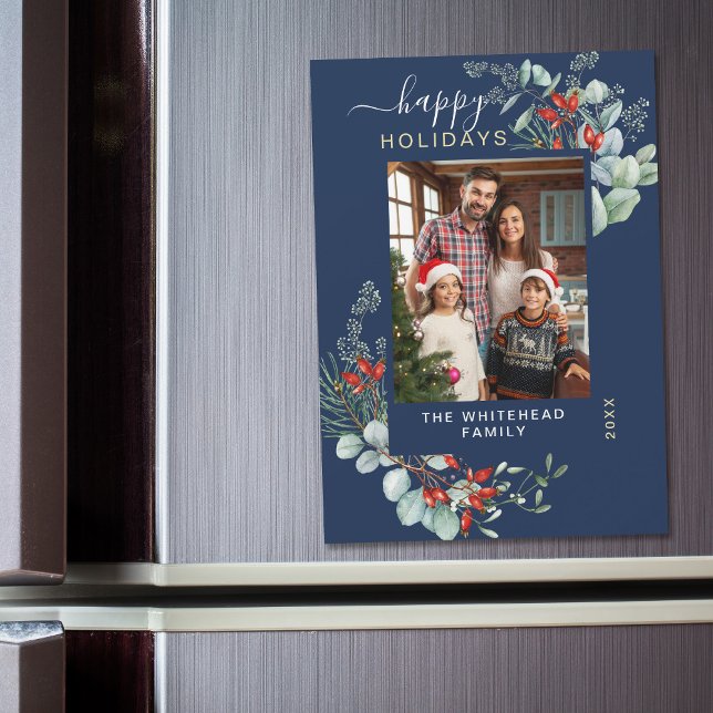 Watercolor Botanical Greenery Navy Blue Photo  (You will love these beautiful Christmas cards! They feature botanical watercolor pine and berries.)