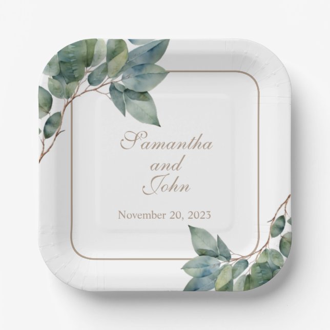 Watercolor botanical greenery  paper plates (Front)