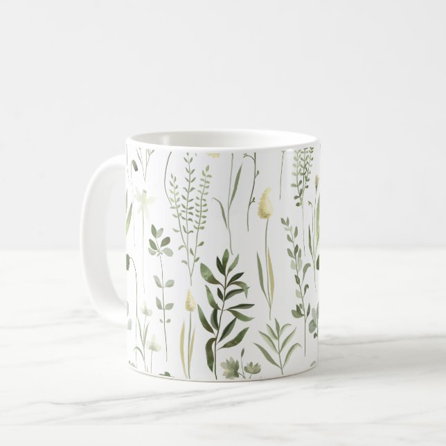 Watercolor Botanical Greenery Pattern Coffee Mug (Front Left)