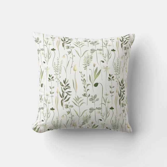 Watercolor Botanical Greenery Pattern Throw Pillow (Front)