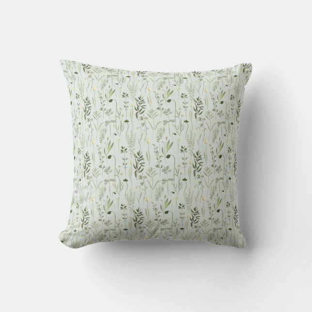 Watercolor Botanical Greenery Pattern Throw Pillow (Front)